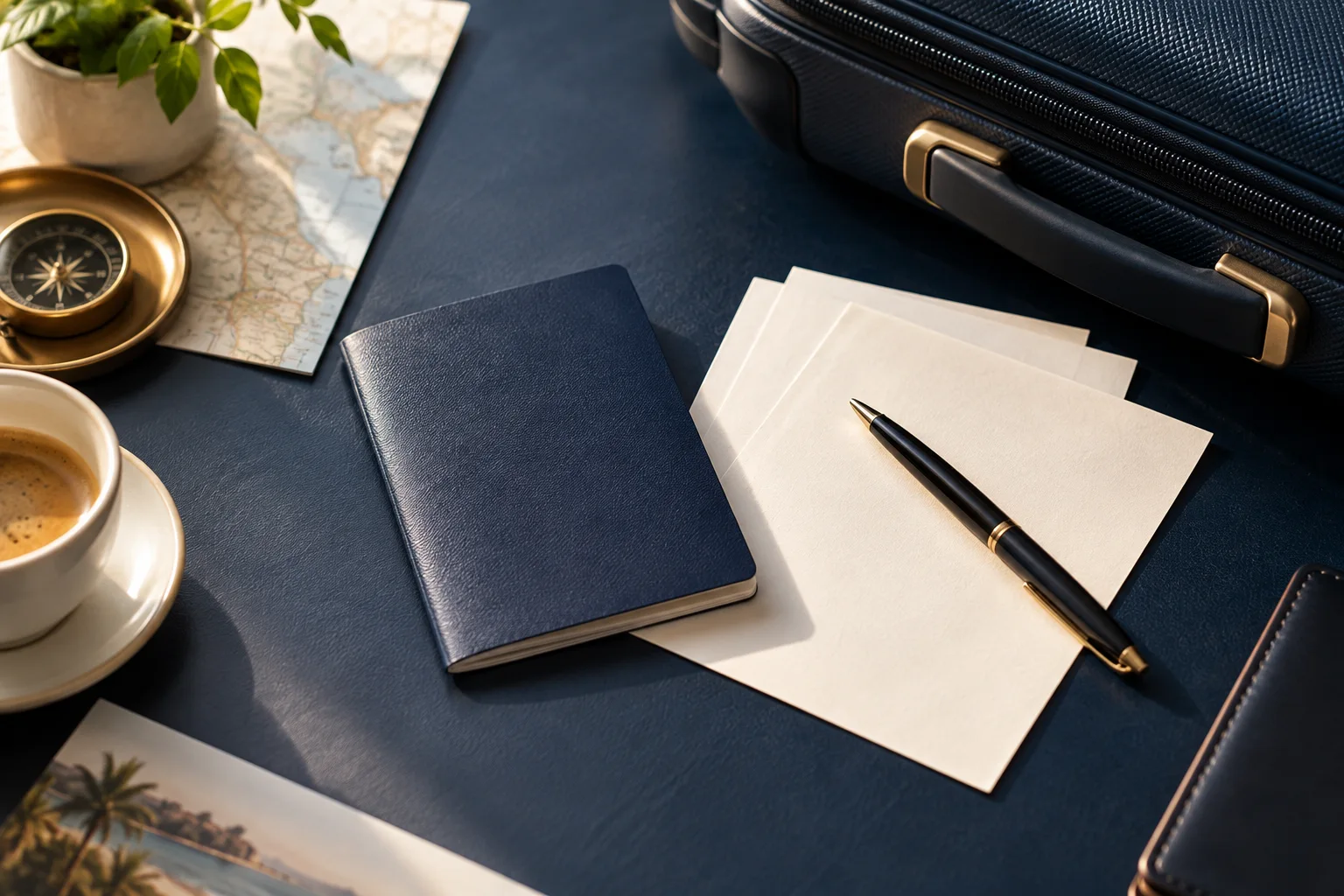 Passport, blank planning papers and a pen arranged for a travel consultation